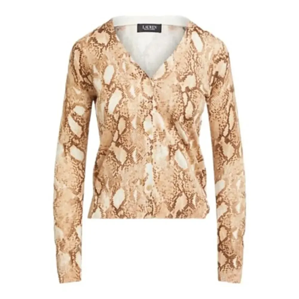 LAUREN Ralph‎ Lauren Tan Snakeskin Print Cotton-Blend Cardigan Size Small New